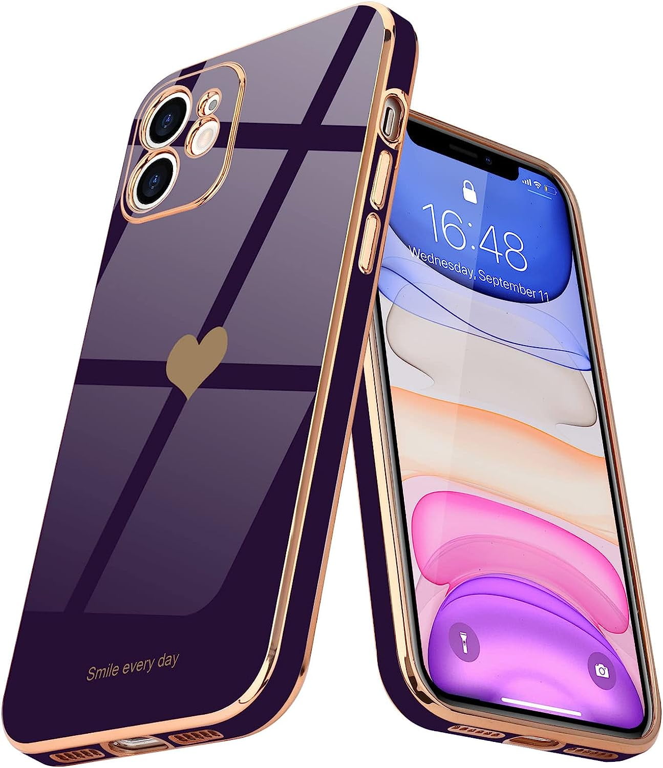Compatible with iPhone 11 Case for Girl Women Cute Love-Heart Luxury Bling Plating Soft Back Cover Raised Camera Protection Bumper Silicone Shockproof Phone Case for iPhone 11, Dark Purple